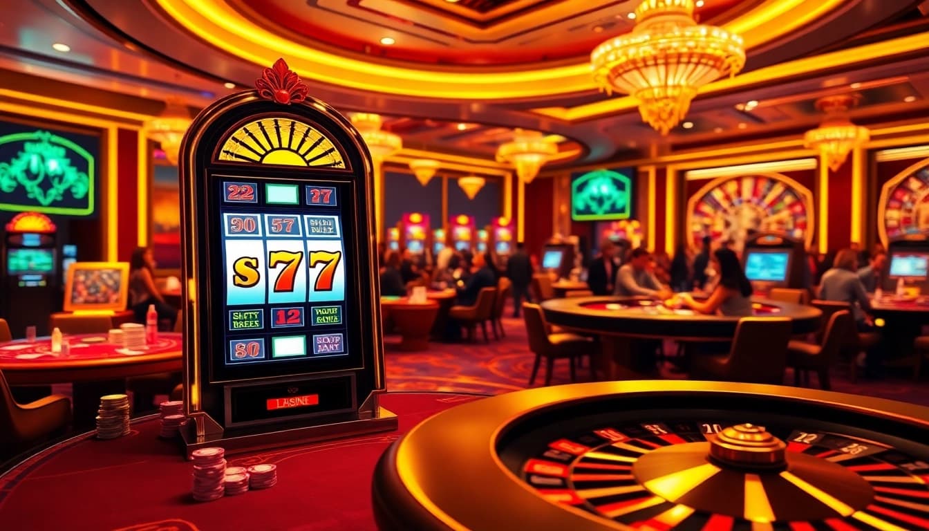 Putar mesin "slot777" dalam suasana kasino yang meriah dengan pemain yang bersemangat dan dekorasi yang mewah.