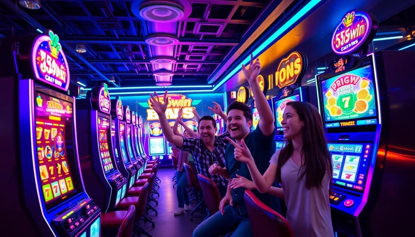 Exciting scene at 555win showcasing vibrant gaming machines and joyful players.