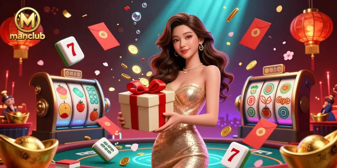 Experience thrilling gaming moments at manclub with festive decorations and dynamic slot elements.