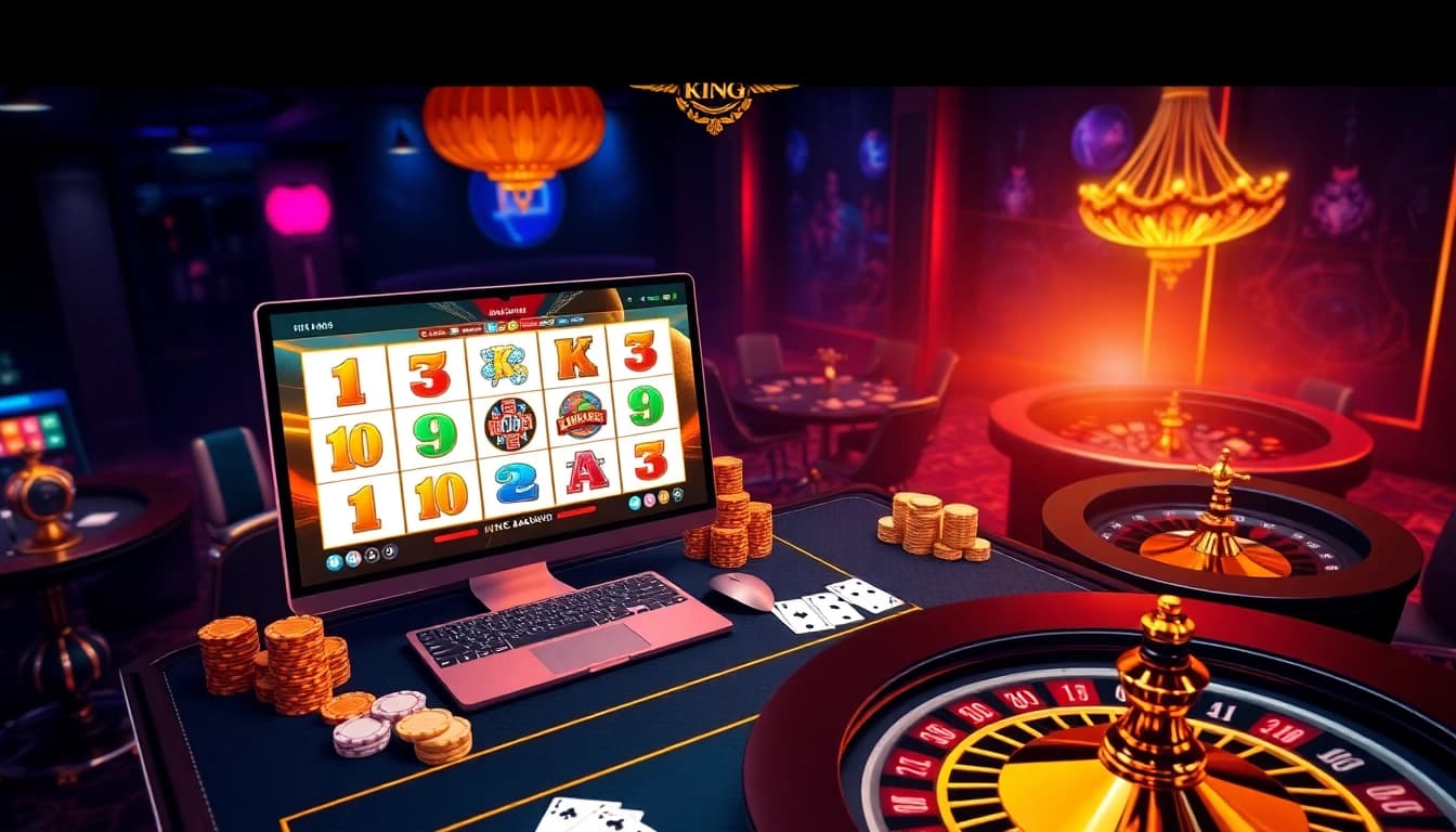 A thrilling online gambling experience at king garuda138 with vibrant slot games and luxurious casino elements.