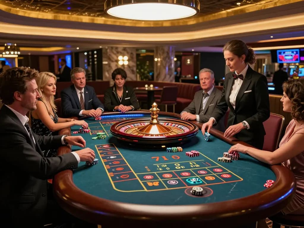 Players place bets at the roulette table in KJC's upscale casino, showcasing excitement and strategy