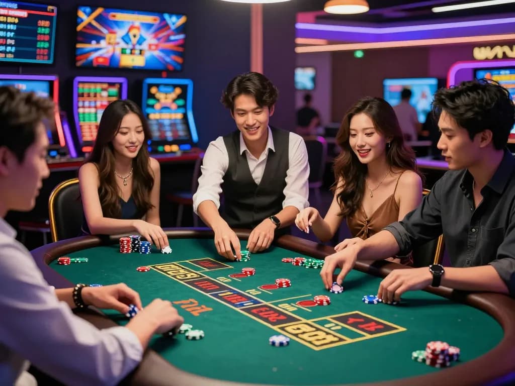 B52Club Tài Xỉu intense gameplay scene with friends enjoying vibrant casino atmosphere and engaging dealer.