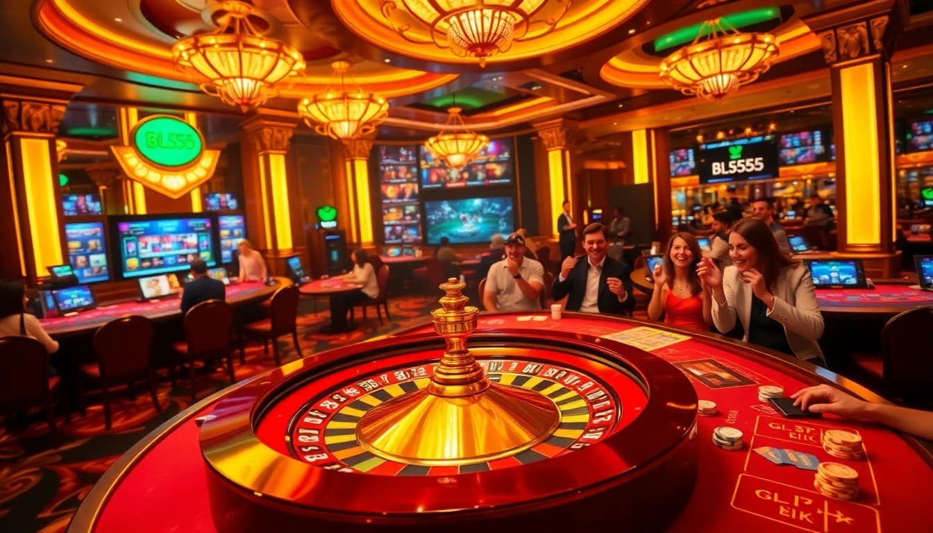 A stylish blackjack table at the vibrant BL555 casino, showcasing players and betting action.