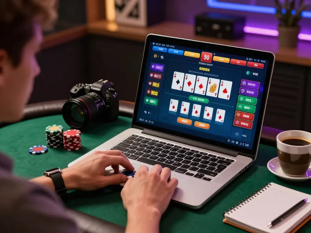 Player engaged in Q88 online poker game on laptop, showcasing strategic gameplay.