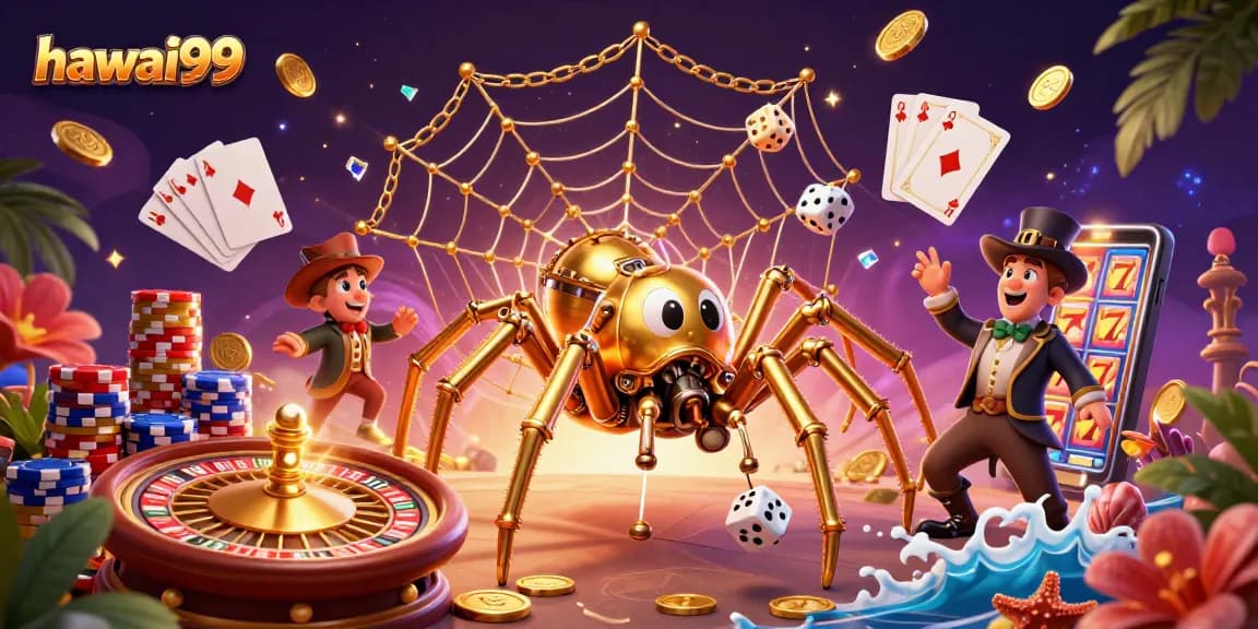 Experience thrilling action with hawai99 as a steampunk spider captures dice amidst luxurious casino elements.