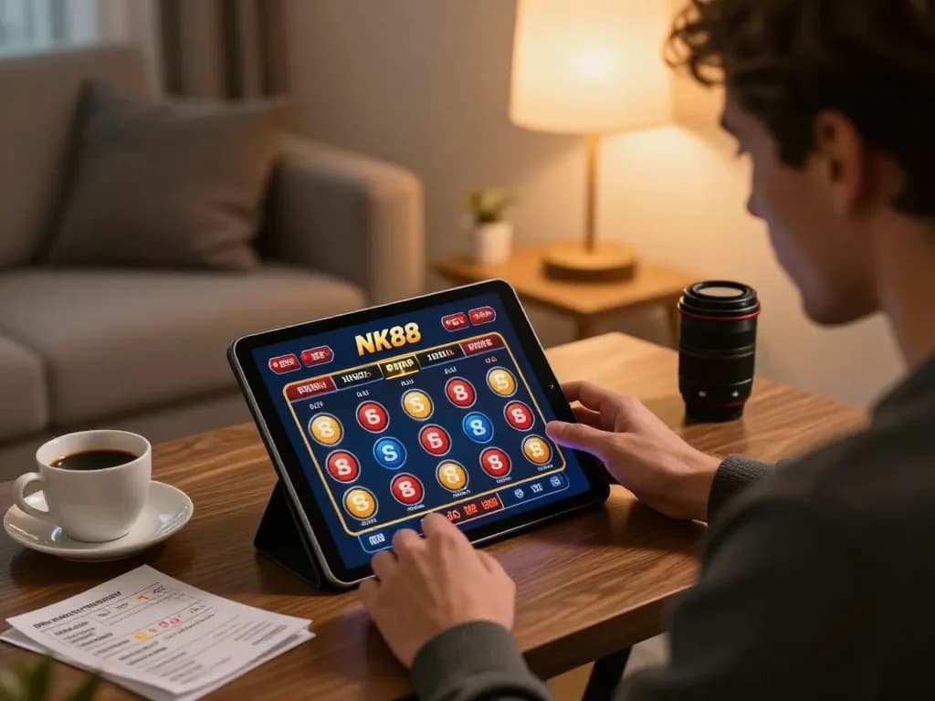 Engaged player exploring NK88's online casino platform on a tablet, highlighting strategic gameplay and home comfort.