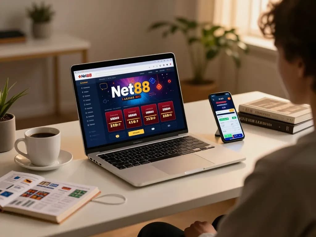 Engaging online gambling scene showcasing net88 platform on a laptop and smartphone.