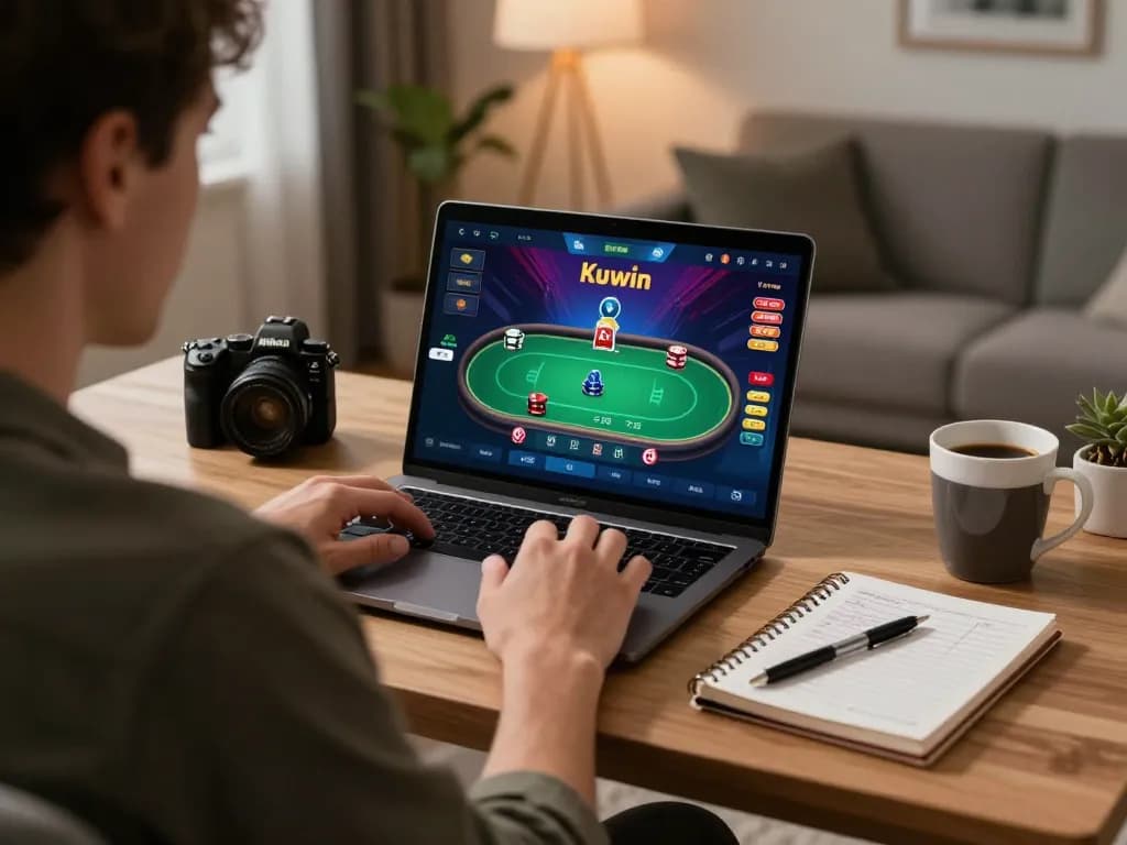 Kuwin player strategizing during online poker session at home, showcasing engaging gameplay and responsible gambling.