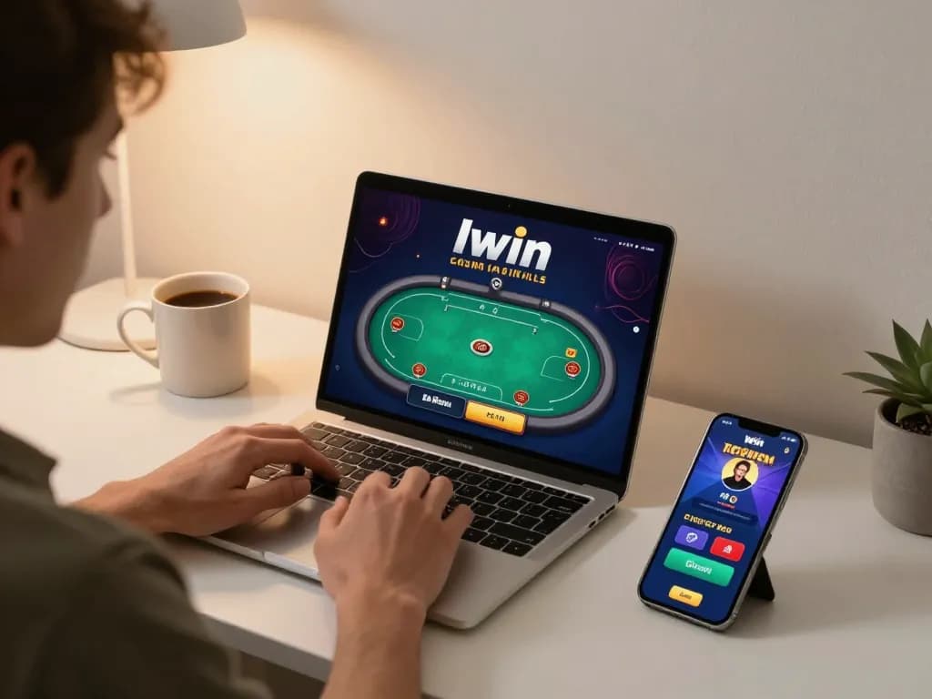 Iwin player engaged in online gaming with laptop and smartphone at home.