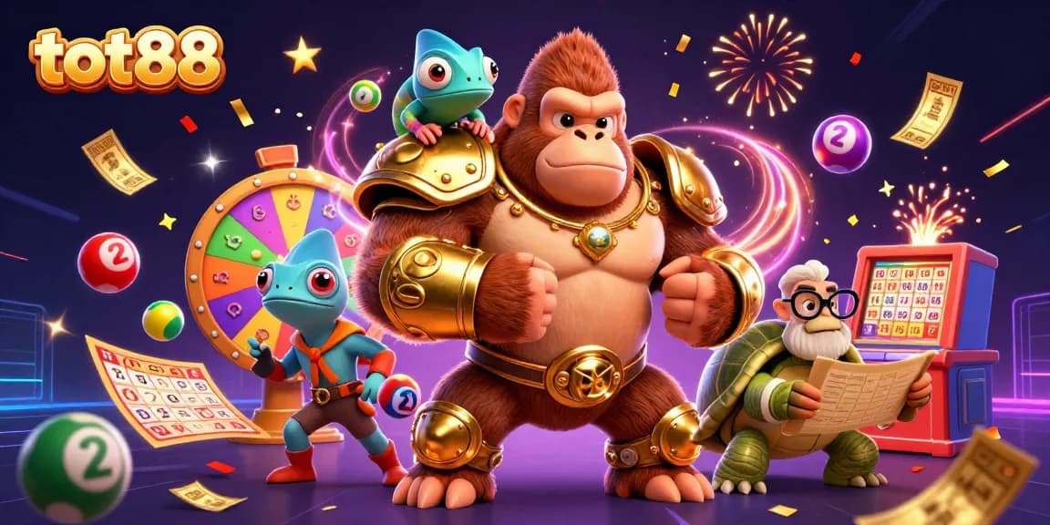 tot88 showcases a vibrant lottery celebration with a powerful gorilla and chameleon characters.