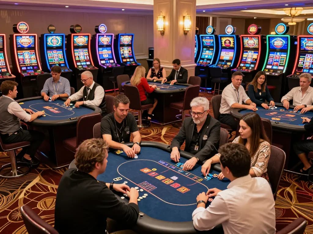 MAX88 players engaging in exciting poker games at a luxurious casino floor atmosphere