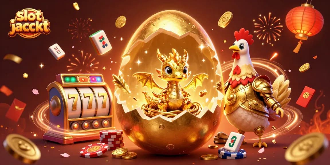 Putar slot jackpot dengan keberuntungan fantastis dari naga emas di tengah hiasan meriah.