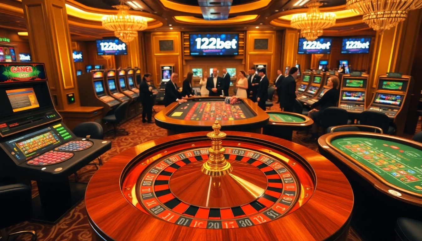 Exciting 123bet casino scene with luxurious roulette table and engaged players.