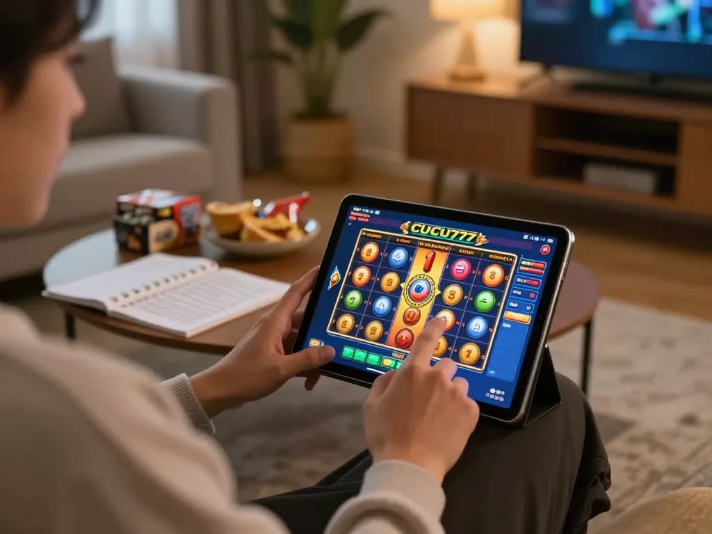 Engaging gameplay on CUCU777 with colorful slots displayed on tablet in cozy living room.