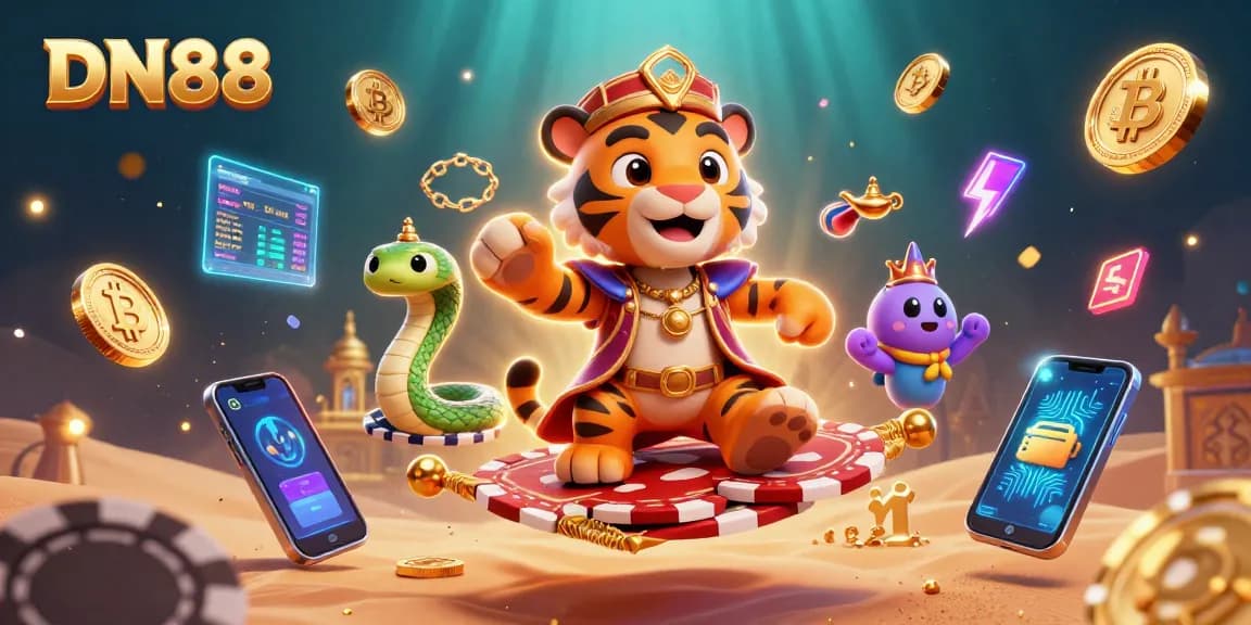 Experience the magic at DN88 with a vibrant casino desert scene filled with crypto elements.