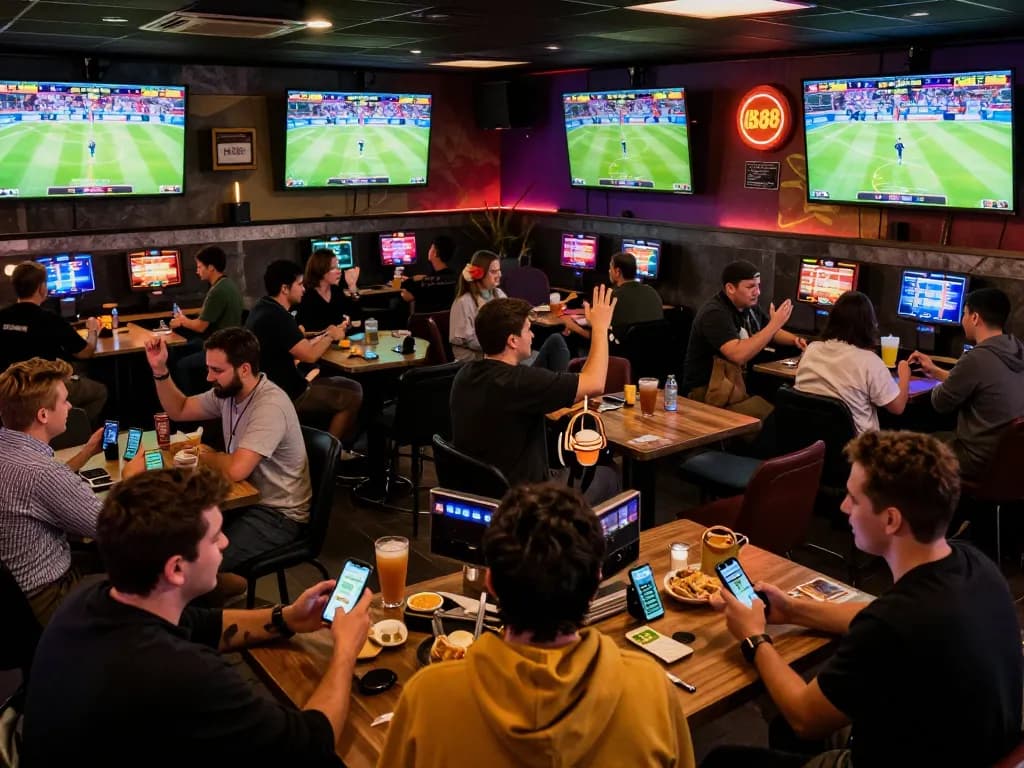 Engaging sports betting scene at UK88 venue with enthusiastic bettors celebrating wins