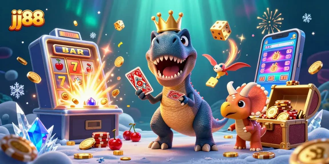 Experience casino thrills with jj88 as a T-Rex shuffles cards and wins big amidst vibrant gaming elements.