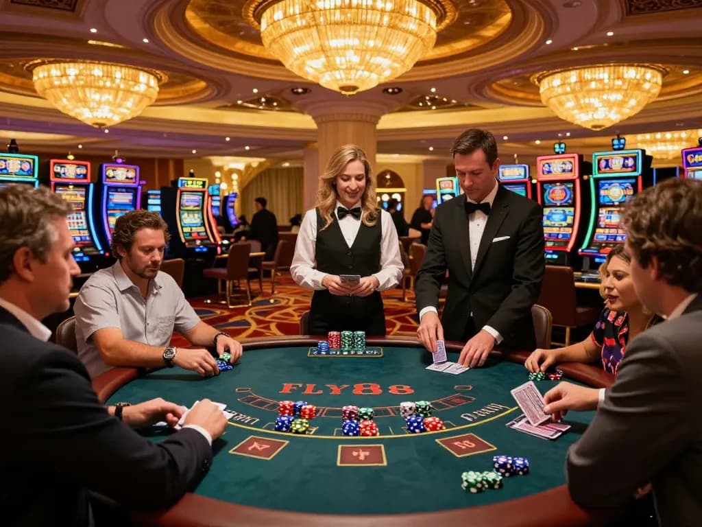Fly88 players engaging in an exciting blackjack game with professional dealer and colorful chips.