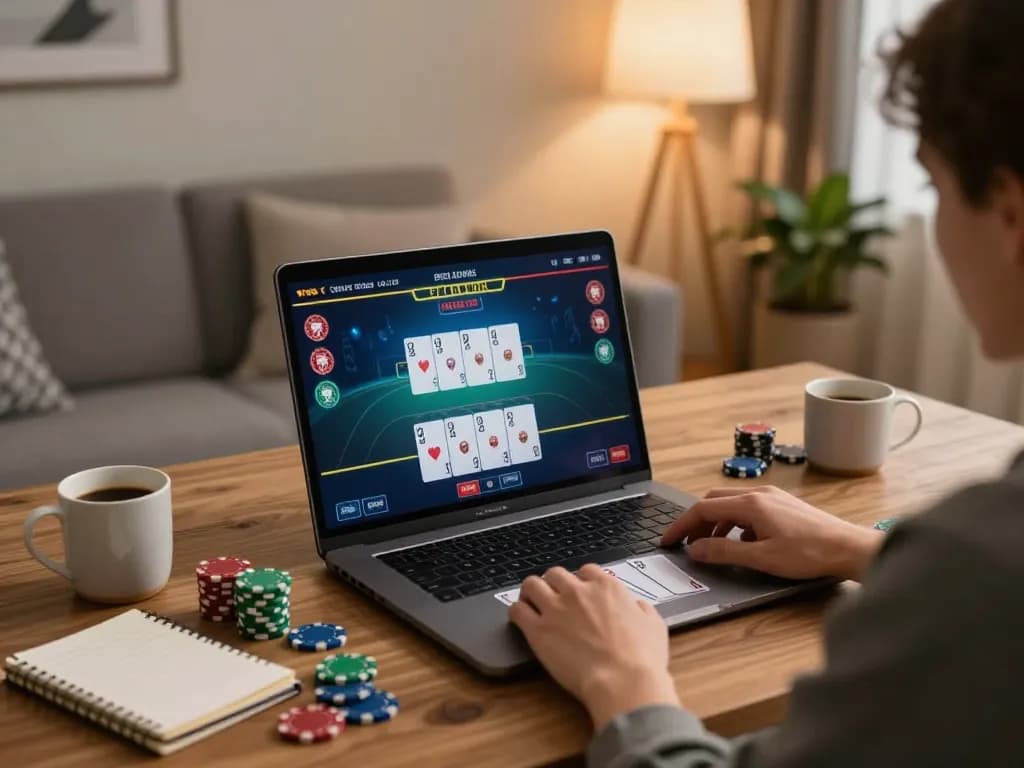 Engaging in online blackjack gameplay on uk88 platform with modern setup in cozy home