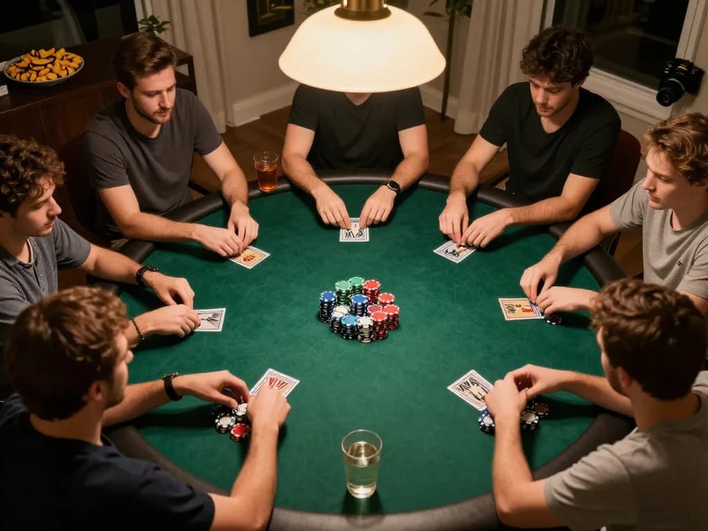TIP88 poker players enjoying a friendly game night with colorful chips and snacks.