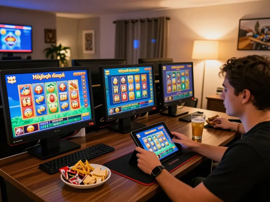 Nổ hũ đổi thưởng gameplay at home, showcasing an engaged player on a tablet in a cozy setting.