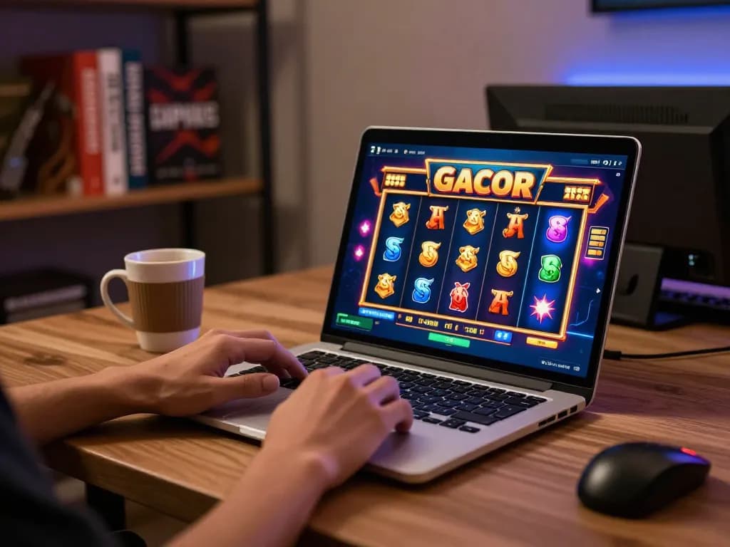 Playing slot gacor with engaging online gameplay interface in a cozy home setup