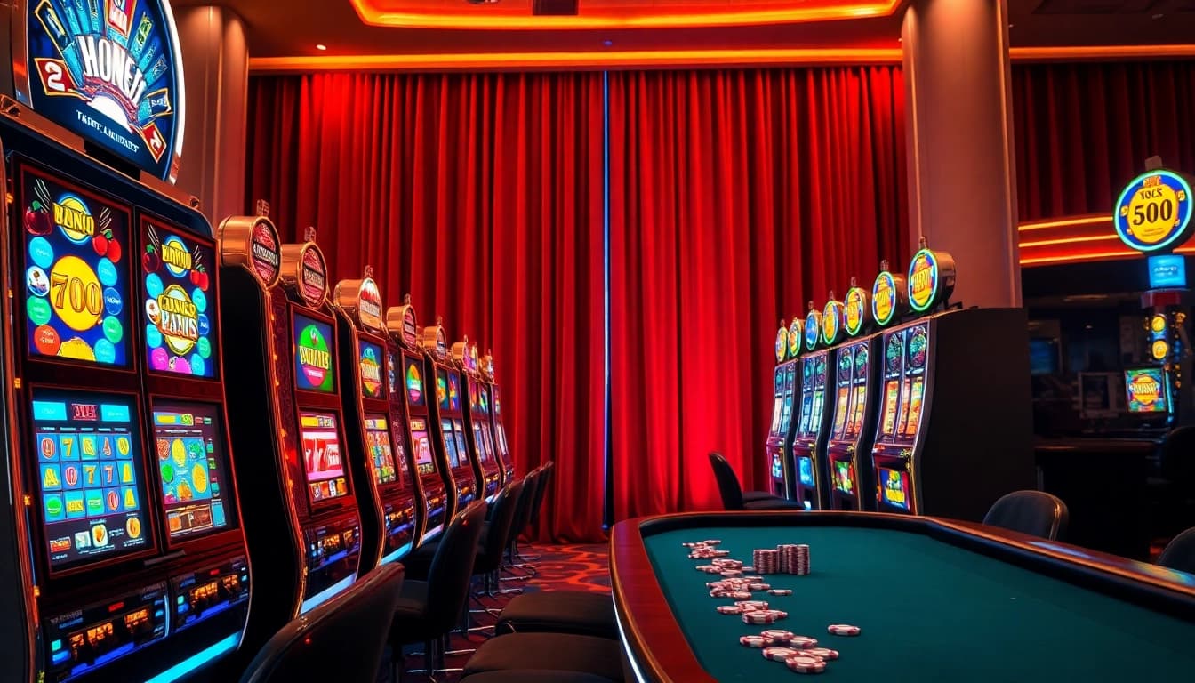 Pemain yang bersemangat berinteraksi dengan mesin slot yang berwarna-warni di setting kasino mewah.