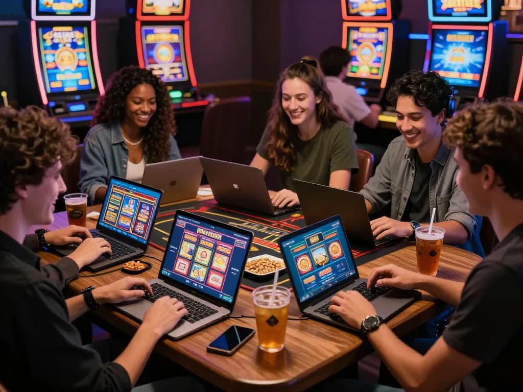 Players enjoying Wild Sultan Casino France games together in a lively environment, showcasing online gaming excitement.