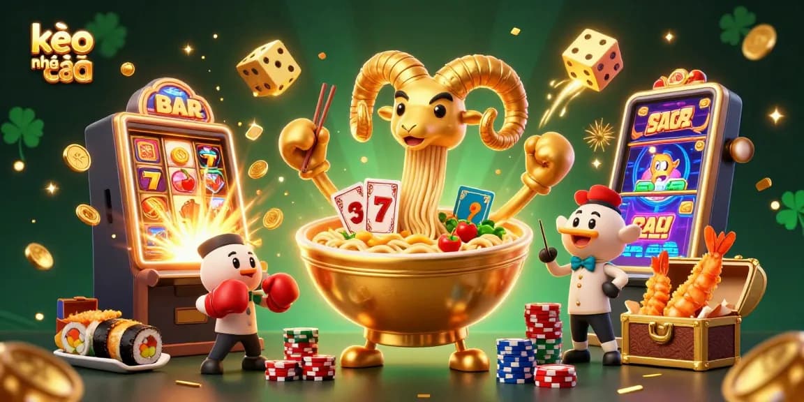 Kèo nhà cái illustration showcasing vibrant casino elements with a playful giant ramen bowl, adding excitement to online betting.