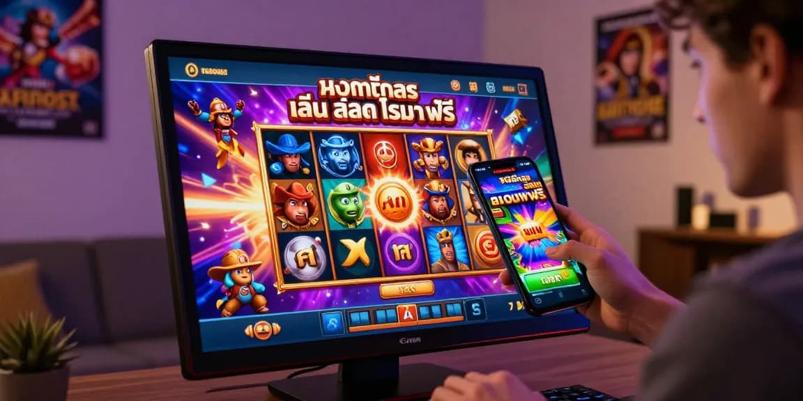Exciting gaming moment with ทดลอง เล่น สล็อต โร ม่า ฟรี on mobile device in a cozy room.