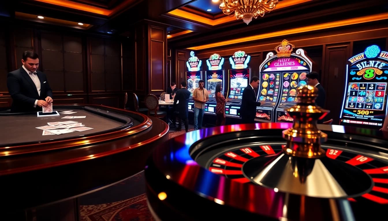 Exciting scene at rr88 casino with roulette wheel, blackjack table, and vibrant slot machine.