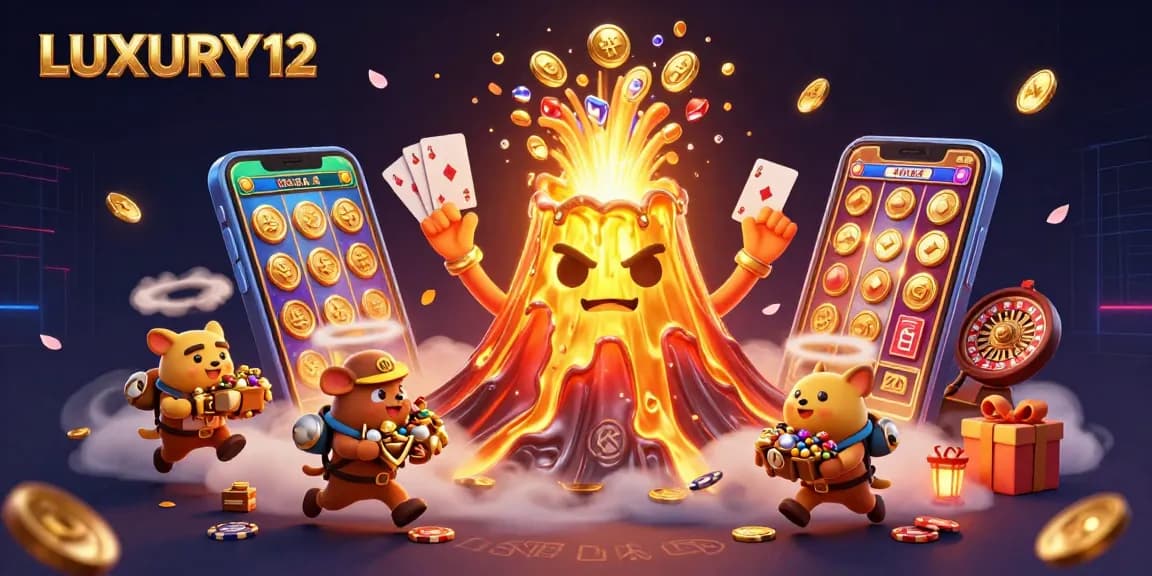 LUXURY12 players can win big as a golden volcano erupts with treasures in an exciting casino scene.