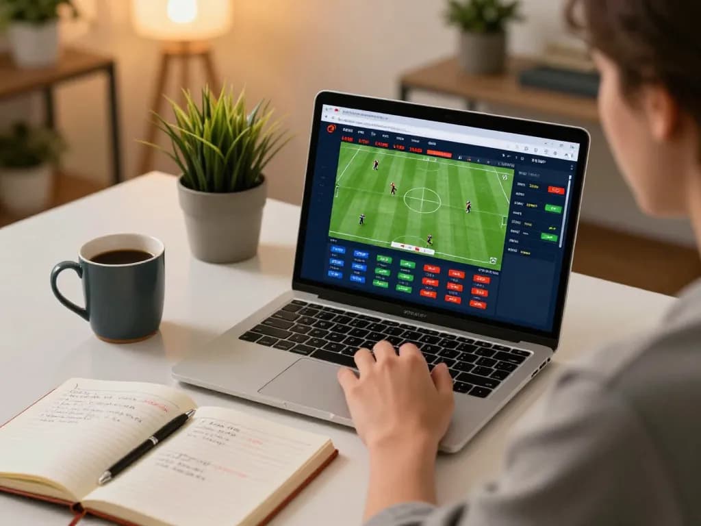 Suasana taruhan olahraga Ulat123 di rumah dengan odds langsung ditampilkan di layar laptop dan buku catatan.