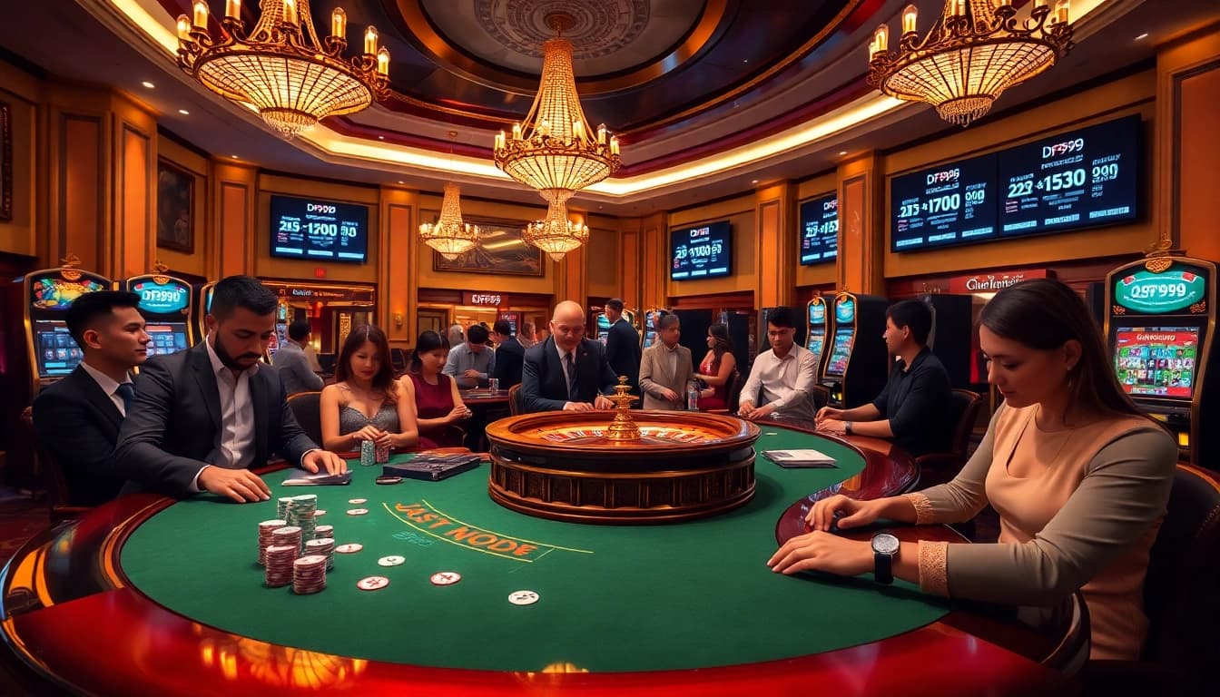 DF999 players enjoying blackjack and roulette in a luxurious casino setting