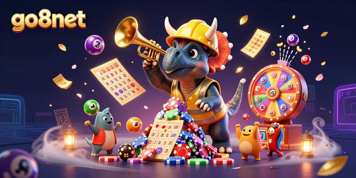 Experience the excitement of go8net with a party of colorful cartoon characters celebrating in a vibrant casino setting.
