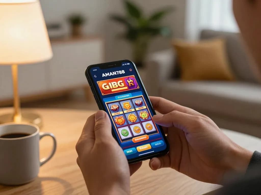 Seorang pemain yang menggunakan aplikasi kasino online AMAN788 di smartphone mereka, menciptakan pengalaman bermain di rumah yang menarik.