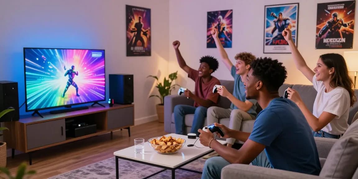 Friends enjoying an exciting game night with AA88 COM, showcasing controllers and snacks.