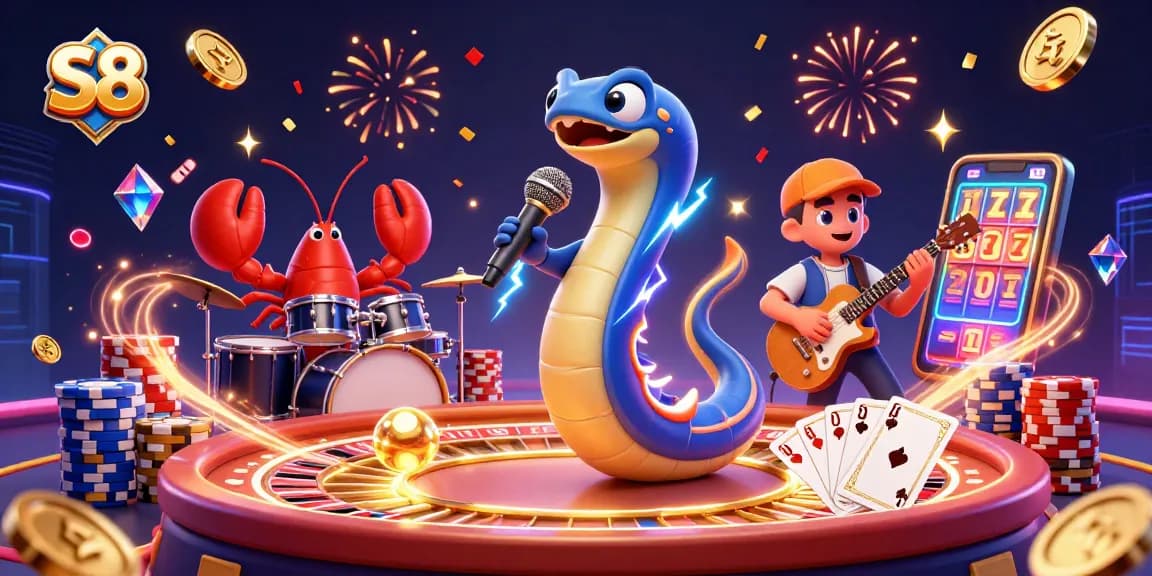 S8 electric eel DJ performance at an underwater casino with vibrant slot machine action.