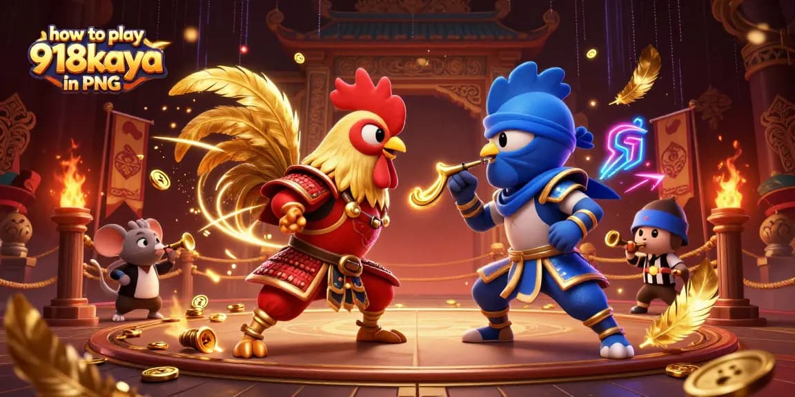 how to play 918kaya in PNG with 3D cartoon roosters in a dramatic arena scene
