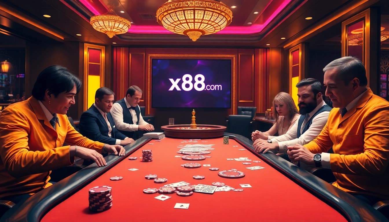 Engaging poker scene at x88.com with players and dealers in a vibrant casino environment.