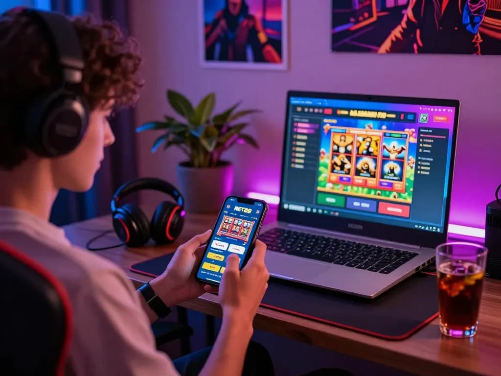 Interactive gaming moment with NET88 app on smartphone in vibrant gaming setup.