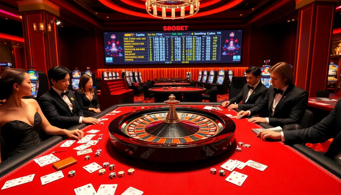 SBOBET branded roulette wheel surrounded by enthusiastic players in a luxurious casino atmosphere