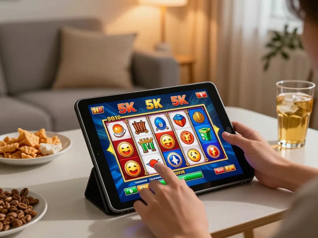 Engaging gameplay on a tablet showcasing slot 5k reels in a cozy living room.
