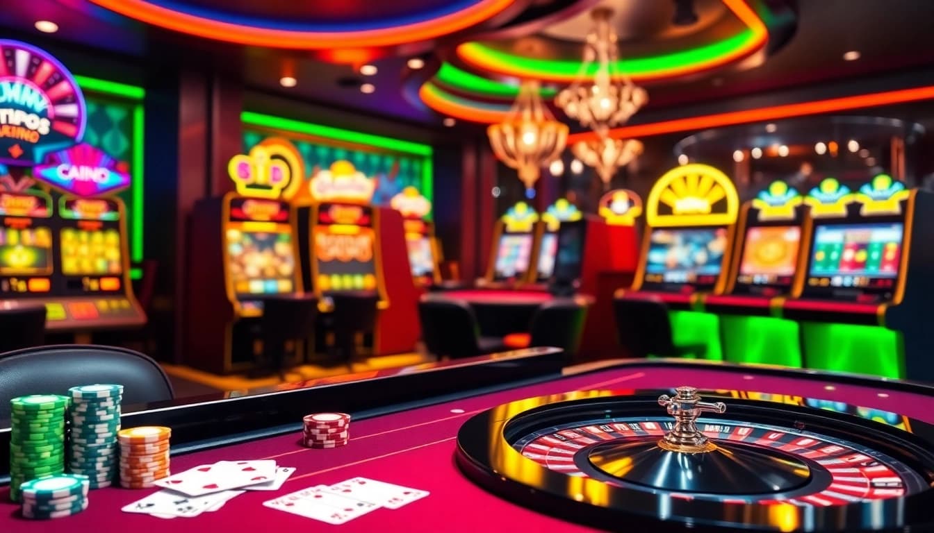 Engage with the thrill of gambling at https://nk88.fyi/ with a vibrant casino table scene.