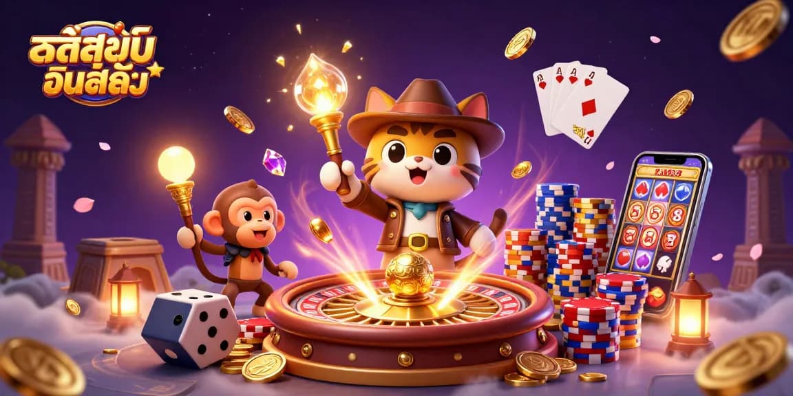 Engage in exhilarating gaming at កាស៊ីណូអនឡាញ with a vibrant 3D casino scene featuring dynamic game elements.