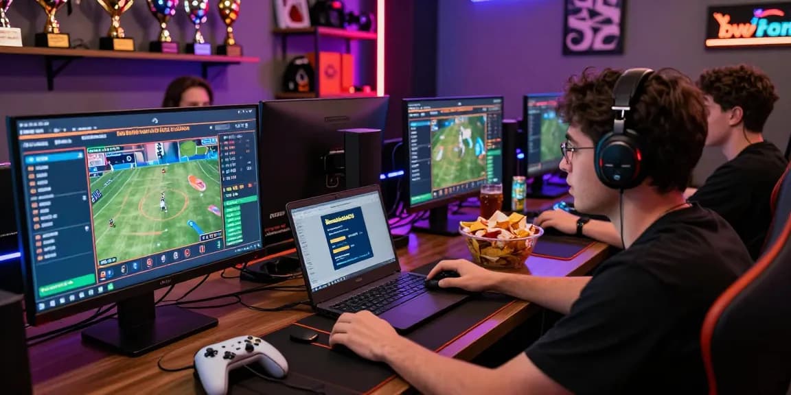Exciting sports betting action with bandarbola855 in a vibrant gaming room filled with technology and competitive atmosphere.