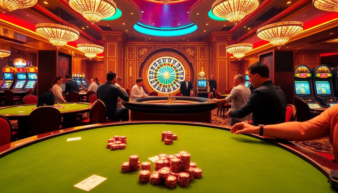 Gamblers enjoying high-stakes poker at a luxurious casino, embodying the thrill of nohu gaming.