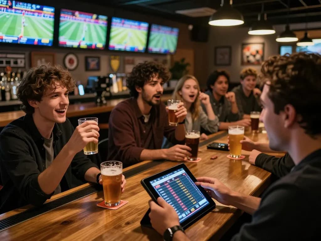 nk88 users placing live sports bets in a vibrant sports bar atmosphere