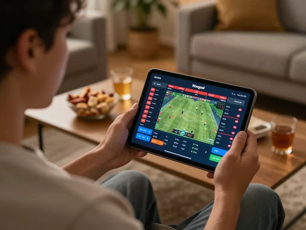 Engaged user analyzing live sports betting odds on Nowgoal in a cozy home setting.