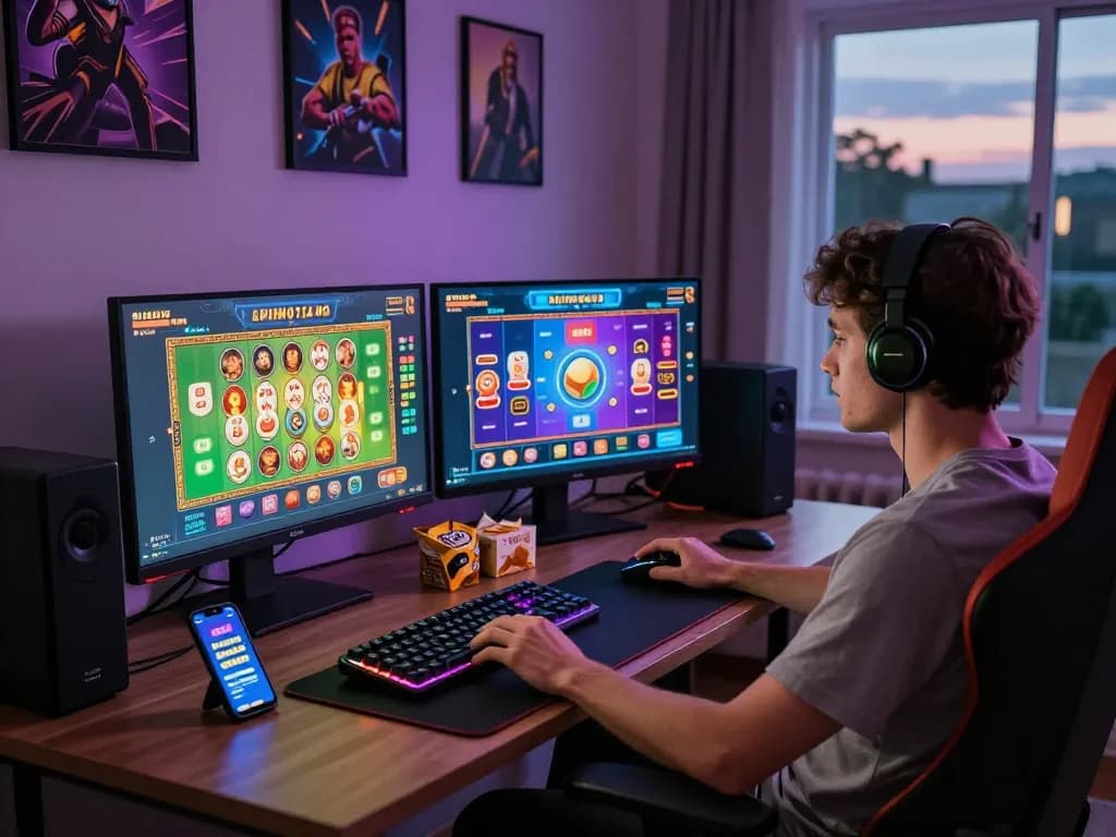Exciting online gaming environment featuring MAKTOGEL, player engaged with vibrant games and comfy setup.